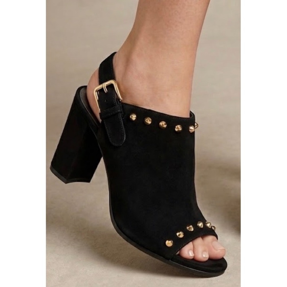 Stuart Weitzman Black Suede Studded Slingback Block Heel Sandals Peep Toe 7.5M